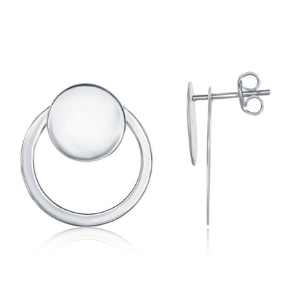 Sterling Silver Shiny Disc with Open Hoop Earrings ,