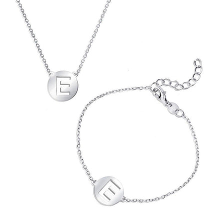 Sterling Silver Shiny 'E' Disc Initial Bracelet and Necklace Set ,