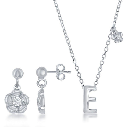 Sterling Silver Shiny "E" Necklace and Earrings Set ,