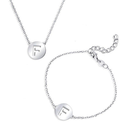 Sterling Silver Shiny 'F' Disc Initial Bracelet and Necklace Set ,