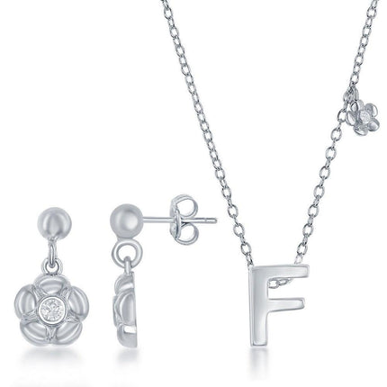 Sterling Silver Shiny "F" Necklace and Earrings Set ,