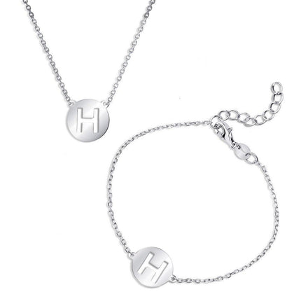 Sterling Silver Shiny 'H' Disc Initial Bracelet and Necklace Set ,