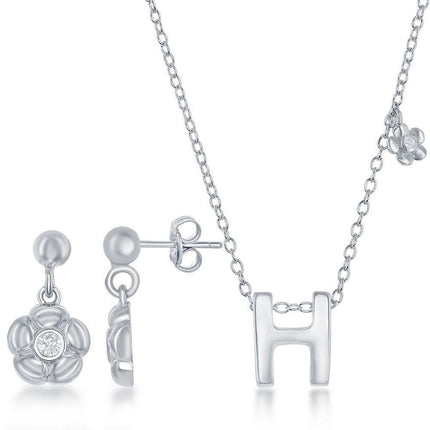 Sterling Silver Shiny "H" Necklace and Earrings Set ,