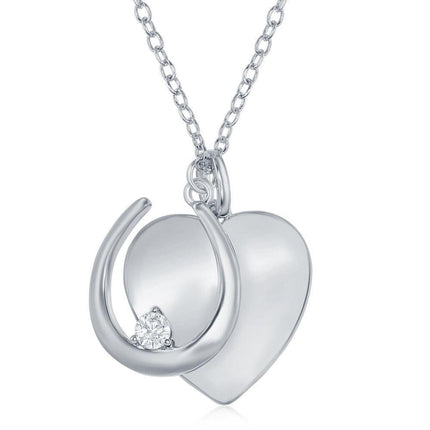 Sterling Silver Shiny Heart and Horseshoe with Single CZ Necklace ,