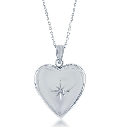 Sterling Silver Shiny Heart Diamond Accent Locket ,