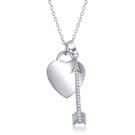 Sterling Silver Shiny Heart with CZ Arrow Necklace ,
