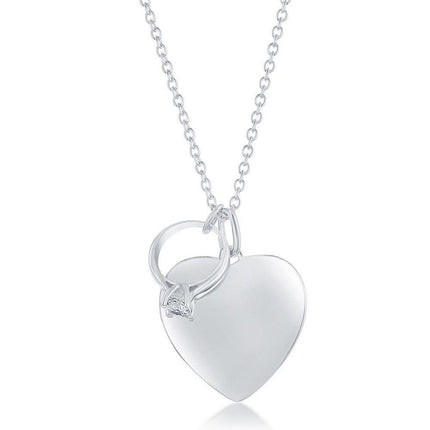 Sterling Silver Shiny Heart with CZ Engagement Ring Necklace ,