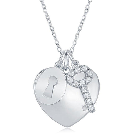 Sterling Silver Shiny Heart with CZ Lock and Key Necklace ,
