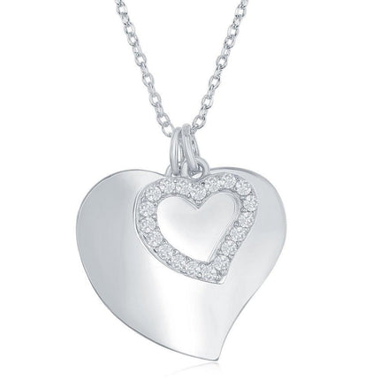 Sterling Silver Shiny Heart with Open CZ Heart Necklace ,