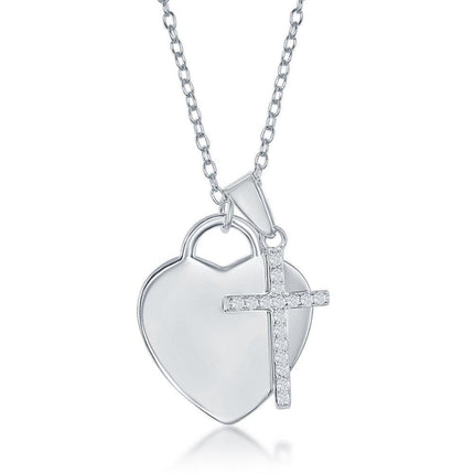 Sterling Silver Shiny Heart with Small CZ Cross Necklace ,