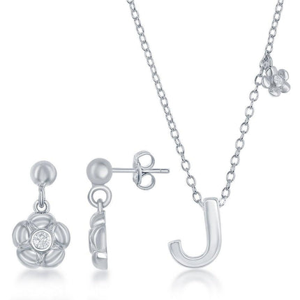 Sterling Silver Shiny "J" Necklace and Earrings Set ,