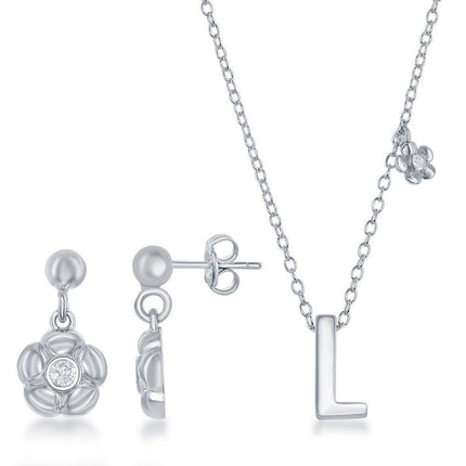 Sterling Silver Shiny "L" Necklace and Earrings Set ,
