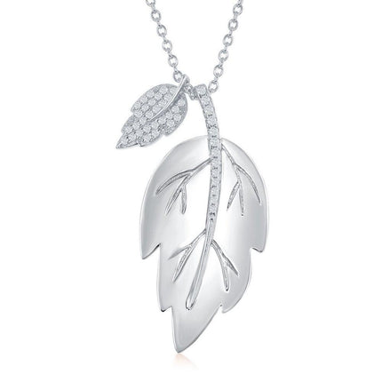 Sterling Silver Shiny Leaf with Smaller Micro Pave Leaf Necklace ,