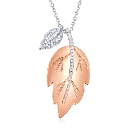 Sterling Silver Shiny Leaf with Smaller Rhodium Leaf Necklace ,