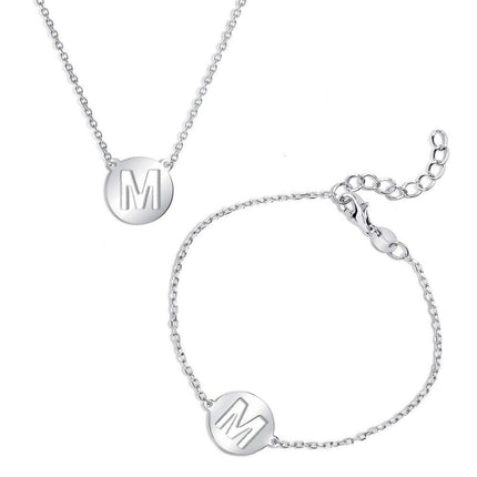 Sterling Silver Shiny 'M' Disc Initial Bracelet and Necklace Set ,