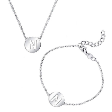 Sterling Silver Shiny 'N' Disc Initial Bracelet and Necklace Set ,
