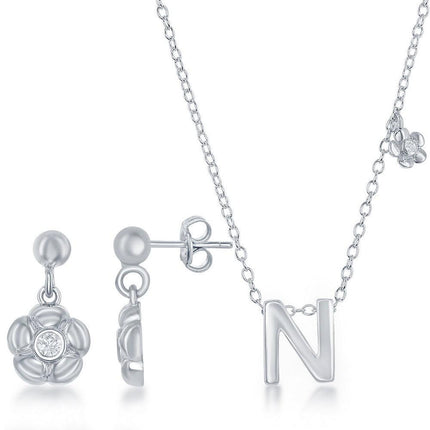 Sterling Silver Shiny "N" Necklace and Earrings Set ,