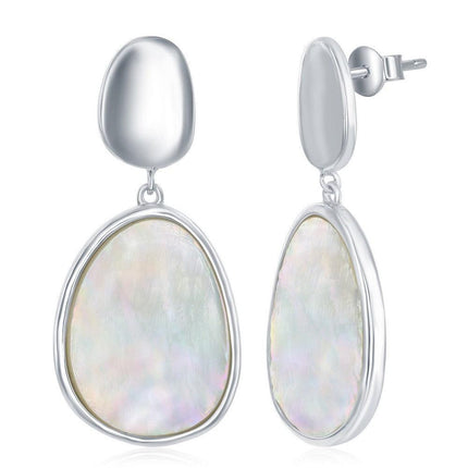 Sterling Silver Shiny Oval Disc and Mother of Pearl Earrings ,