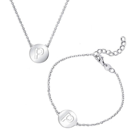 Sterling Silver Shiny 'P' Disc Initial Bracelet and Necklace Set ,