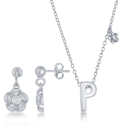 Sterling Silver Shiny "P" Necklace and Earrings Set ,