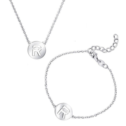 Sterling Silver Shiny 'R' Disc Initial Bracelet and Necklace Set ,