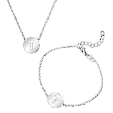 Sterling Silver Shiny 'T' Disc Initial Bracelet and Necklace Set ,