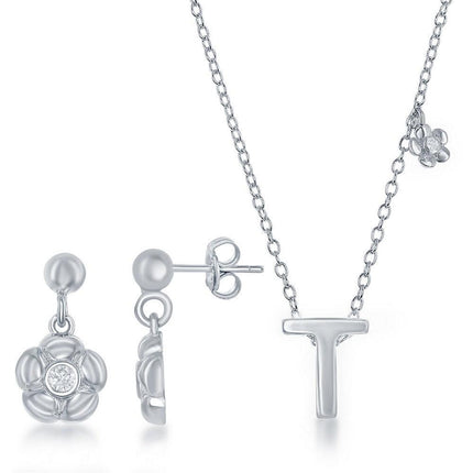 Sterling Silver Shiny "T" Necklace and Earrings Set ,