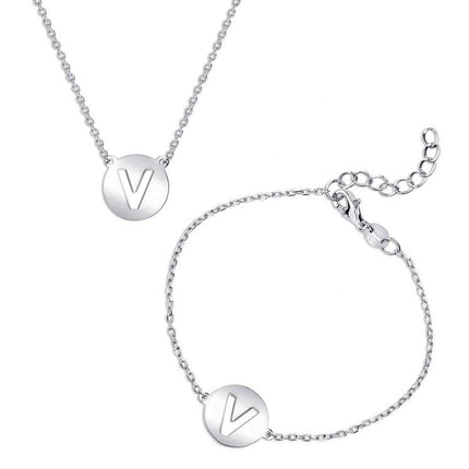 Sterling Silver Shiny 'V' Disc Initial Bracelet and Necklace Set ,