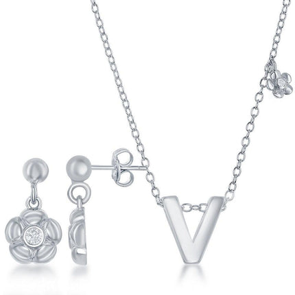 Sterling Silver Shiny "V" Necklace and Earrings Set ,