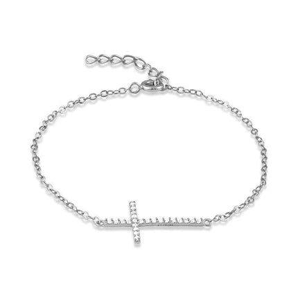 Sterling Silver Sideways Cross CZ Bracelet, 7" ,