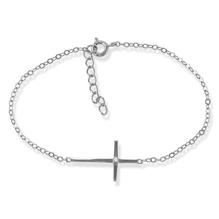 Sterling Silver Sideways Cross Single CZ Bracelet, 7" ,