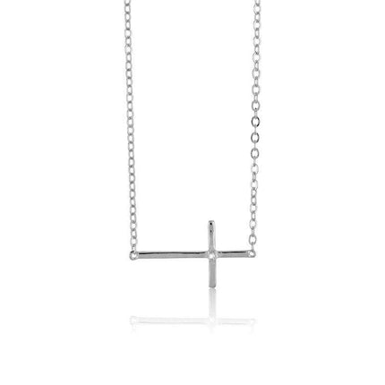Sterling Silver Sideways Cross Single CZ Necklace ,