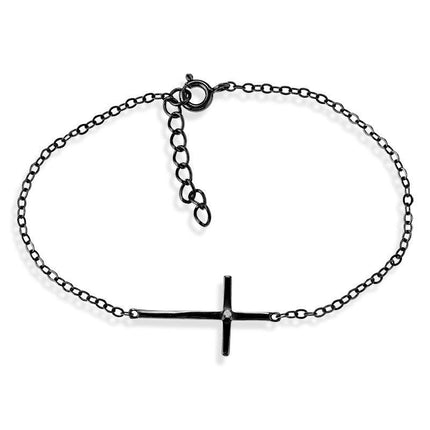 Sterling Silver Single Black Rhodium CZ Sideways Cross Bracelet ,