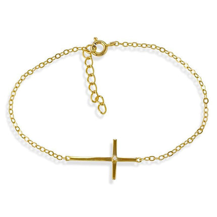 Sterling Silver Single Gold Plated CZ Sideways Cross Bracelet, 7" ,