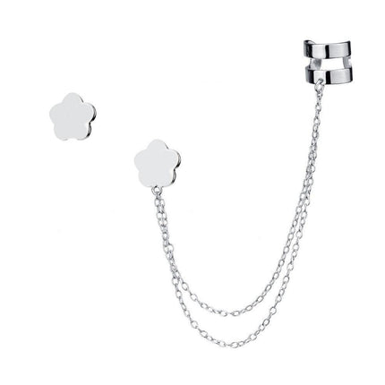 Sterling Silver Single Stud with Cuff Flower Earrings ,