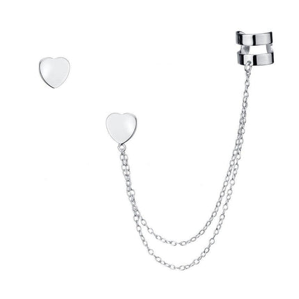 Sterling Silver Single Stud with Cuff Heart Earrings ,