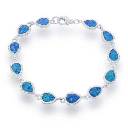 Sterling Silver Small Blue Inlay Opal Teardrop Link Bracelet, 7" ,