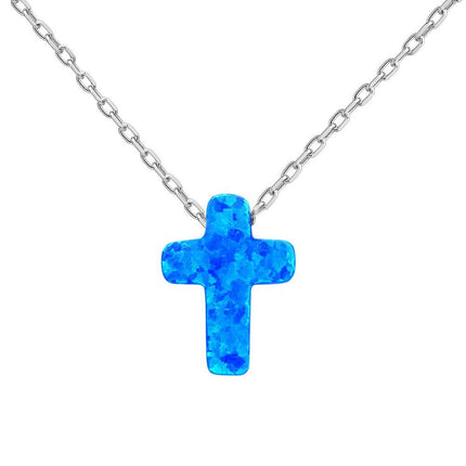 Sterling Silver Small Blue Opal Cross Necklace ,