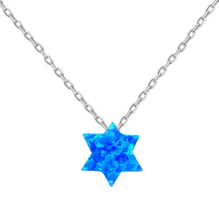 Sterling Silver Small Blue Opal Star of David Necklace ,