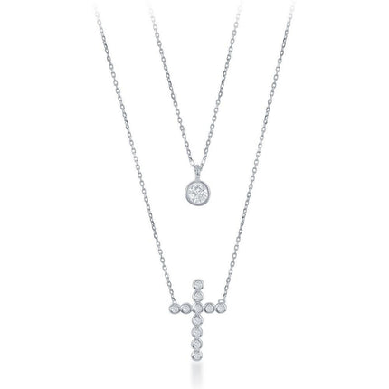 Sterling Silver Small CZ and Beaded Cross Double Strand Necklace ,
