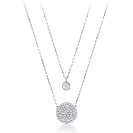 Sterling Silver Small CZ and CZ Disc Double Strand Necklace ,