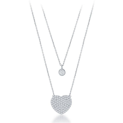 Sterling Silver Small CZ and CZ Heart Double Strand Necklace ,