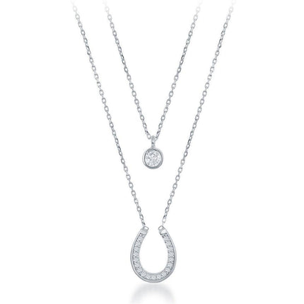 Sterling Silver Small CZ and CZ Horseshoe Double Strand Necklace ,