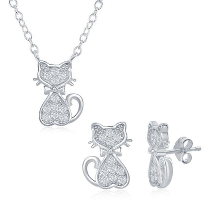 Sterling Silver Small CZ Cat Necklace and Earrings Set ,