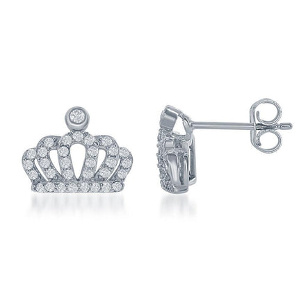 Sterling Silver Small CZ Crown Stud Earrings ,