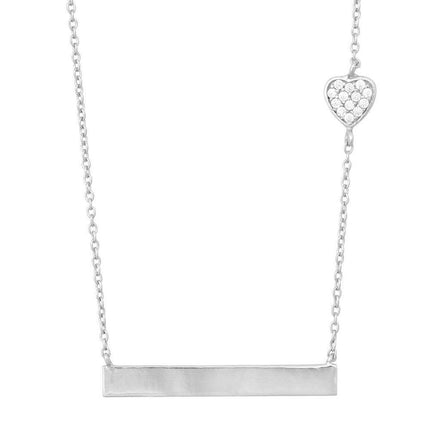 Sterling Silver Small CZ Heart Flat Plate Necklace ,
