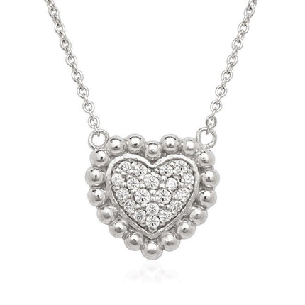 Sterling Silver Small CZ Heart with Beaded Border Necklace ,