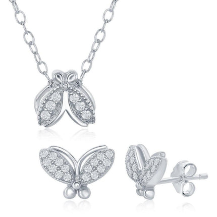Sterling Silver Small CZ Moth Necklace and Earrings Set ,