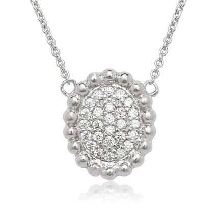Sterling Silver Small CZ Oval with Beaded Border Necklace ,
