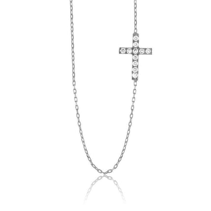 Sterling Silver Small CZ Sideways Cross Necklace ,